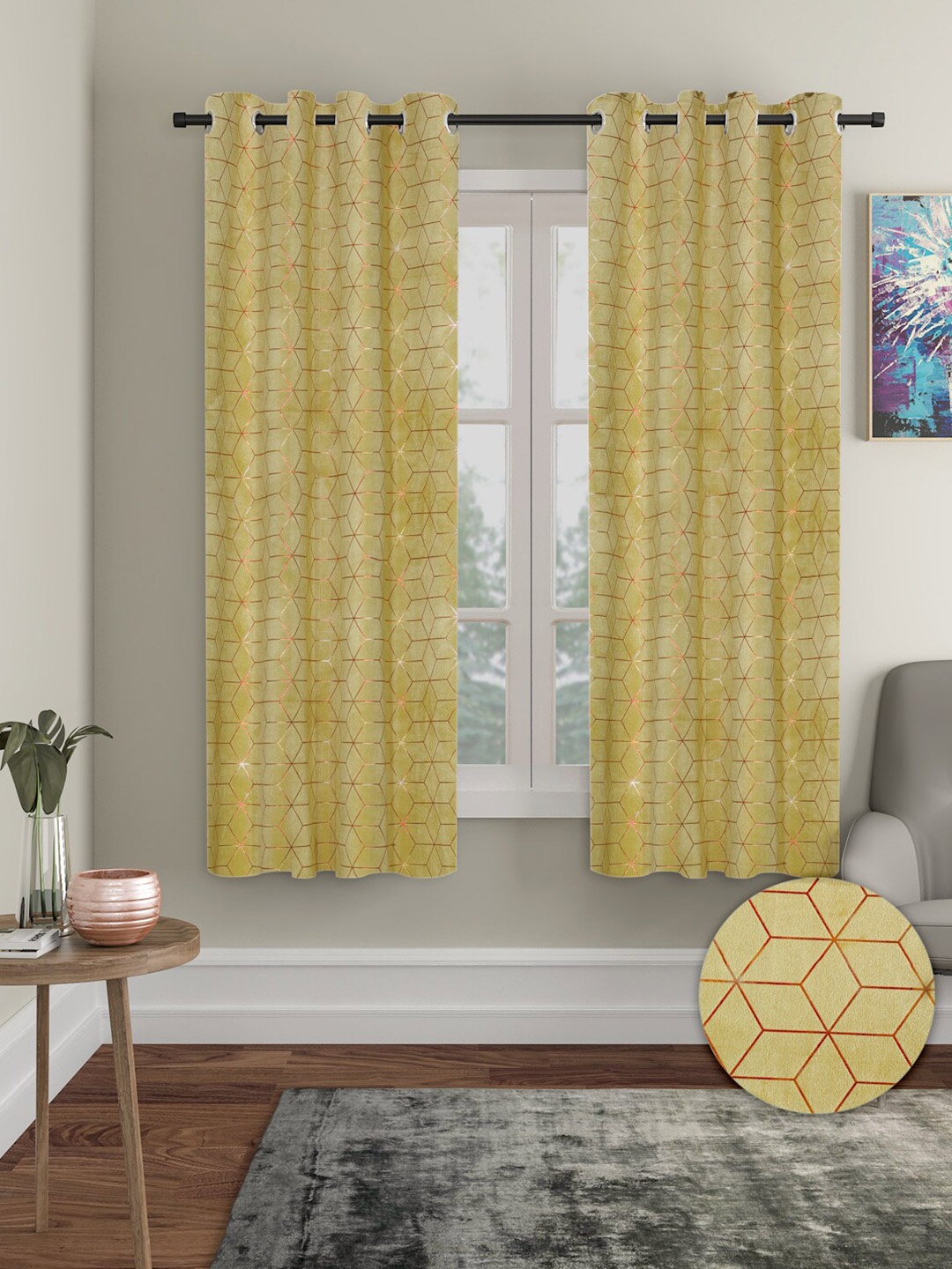 

Aura Mustard 2 Pieces Geometric Velvet Blackout Window Curtain