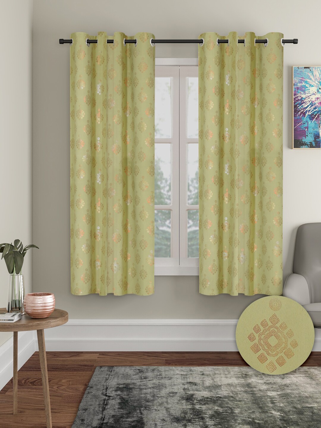 

Aura 2 Pieces Ethnic Motifs Printed Black-Out Window Curtains, Green