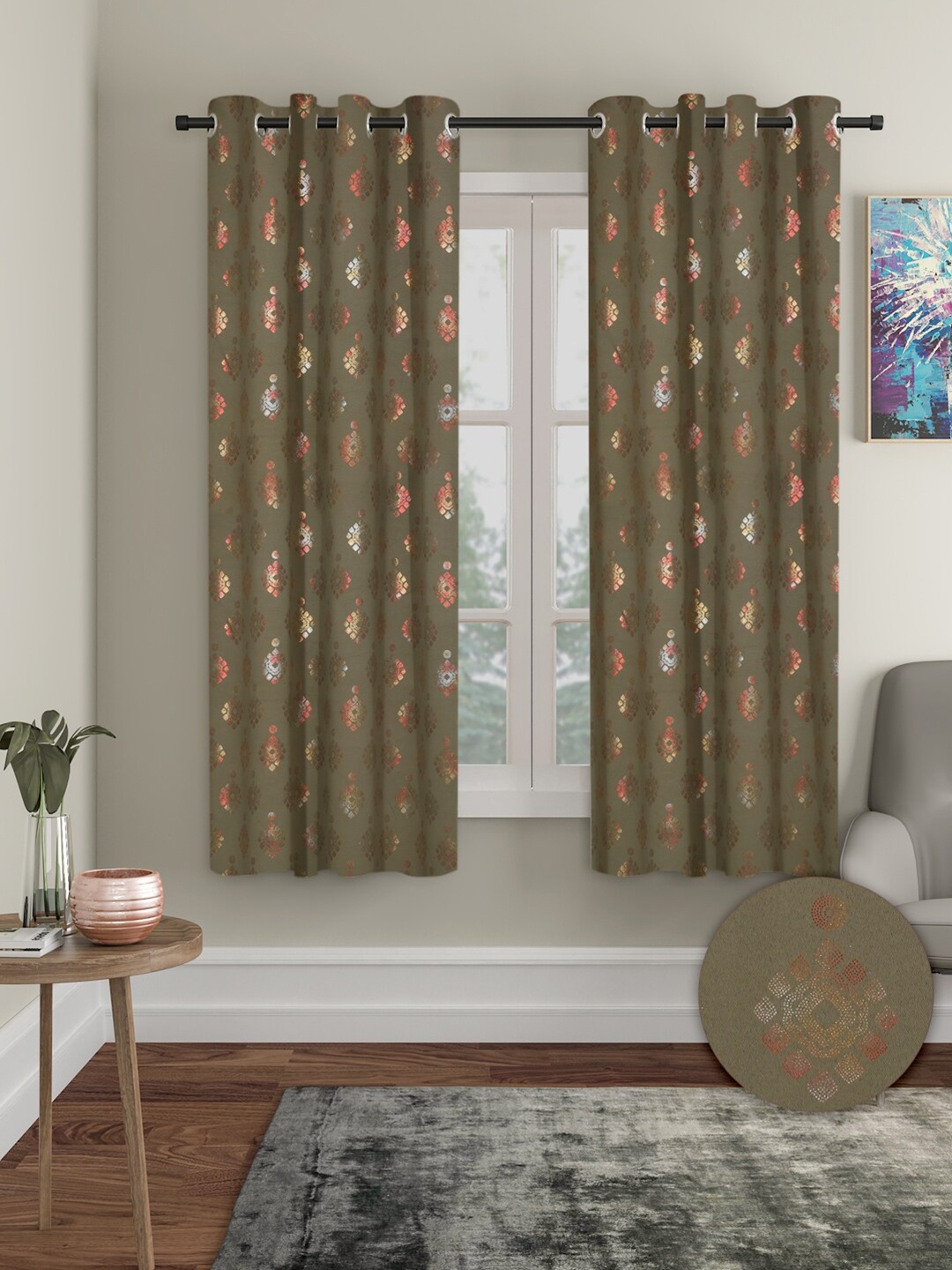 

Aura 2 Pieces Ethnic Motifs Printed Black-Out Window Curtains, Green