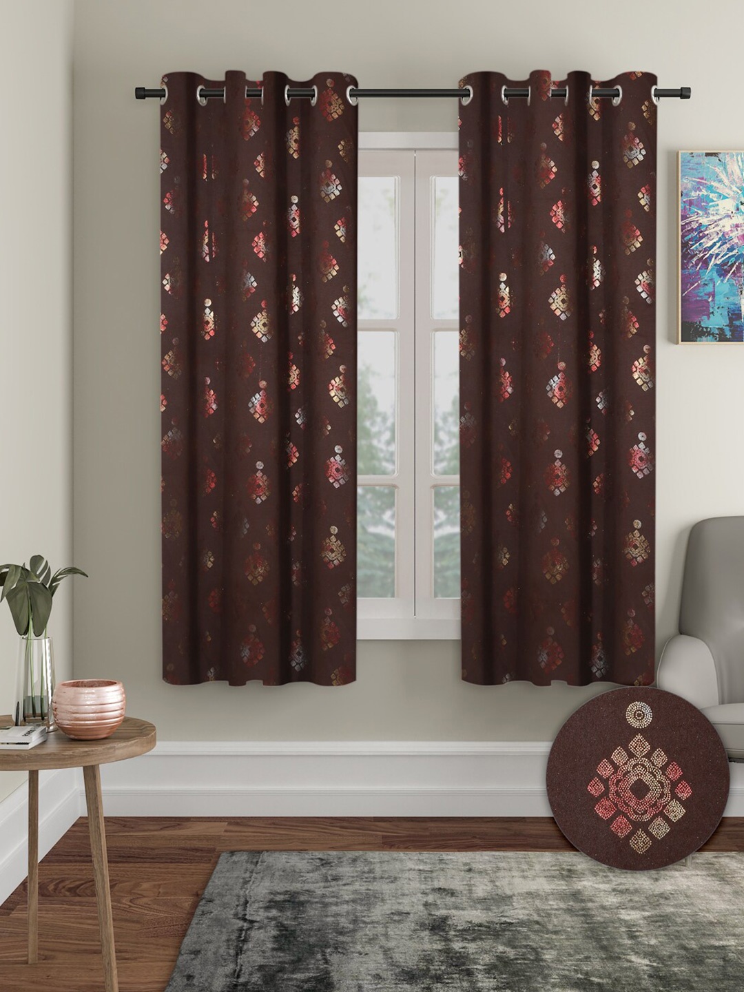 

Aura 2 Pieces Ethnic Motifs Printed Black-Out Window Curtains, Brown
