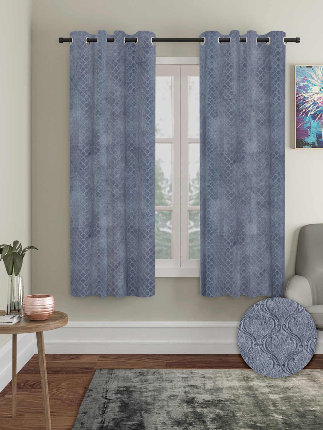 

Aura Grey 2 Pieces Velvet Self Design Blackout Window Curtains