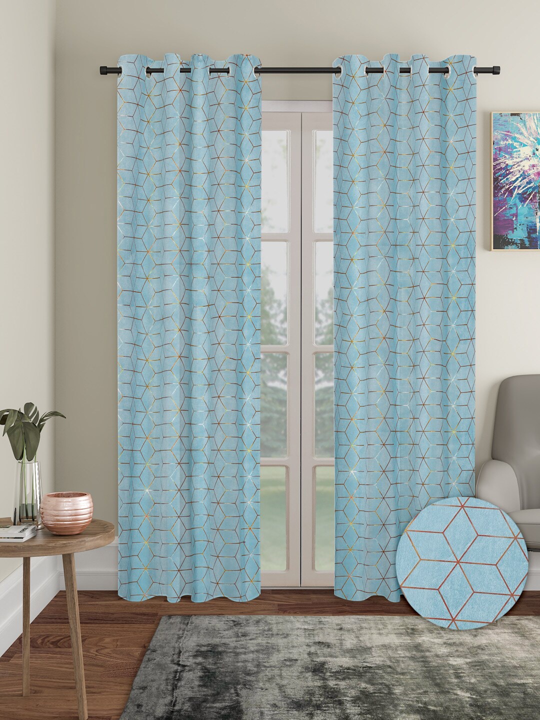 

Aura Copper Toned 2 Pieces Geometric Velvet out Door Curtains, Blue