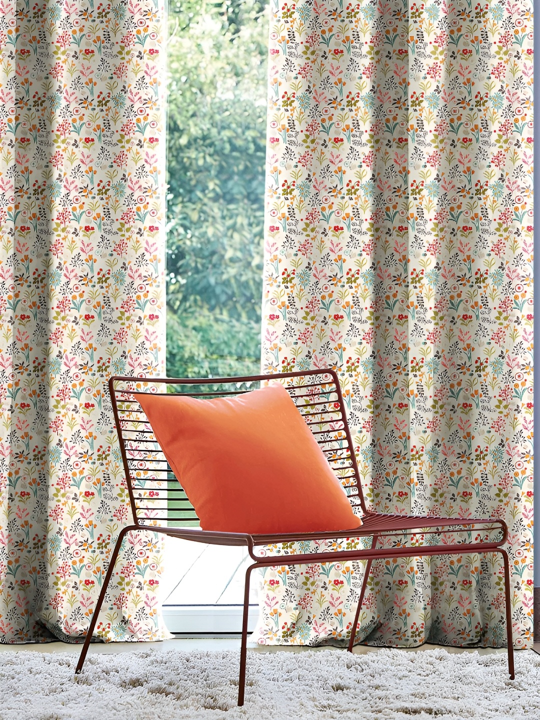 CASABLEU Cream 2 Pieces Floral Black Out Eyelet Door Curtains