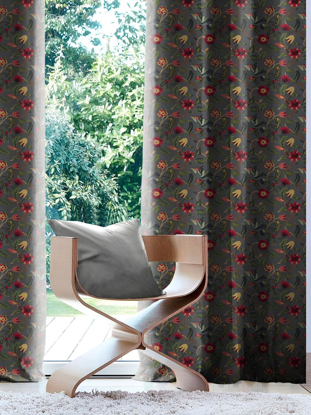 

CASABLEU Grey 2 Pieces Floral Black Out Eyelet Door Curtains