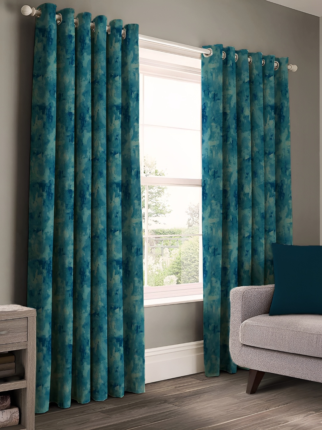 CASABLEU Blue 2 Pieces Floral Black Out Eyelet Door Curtains