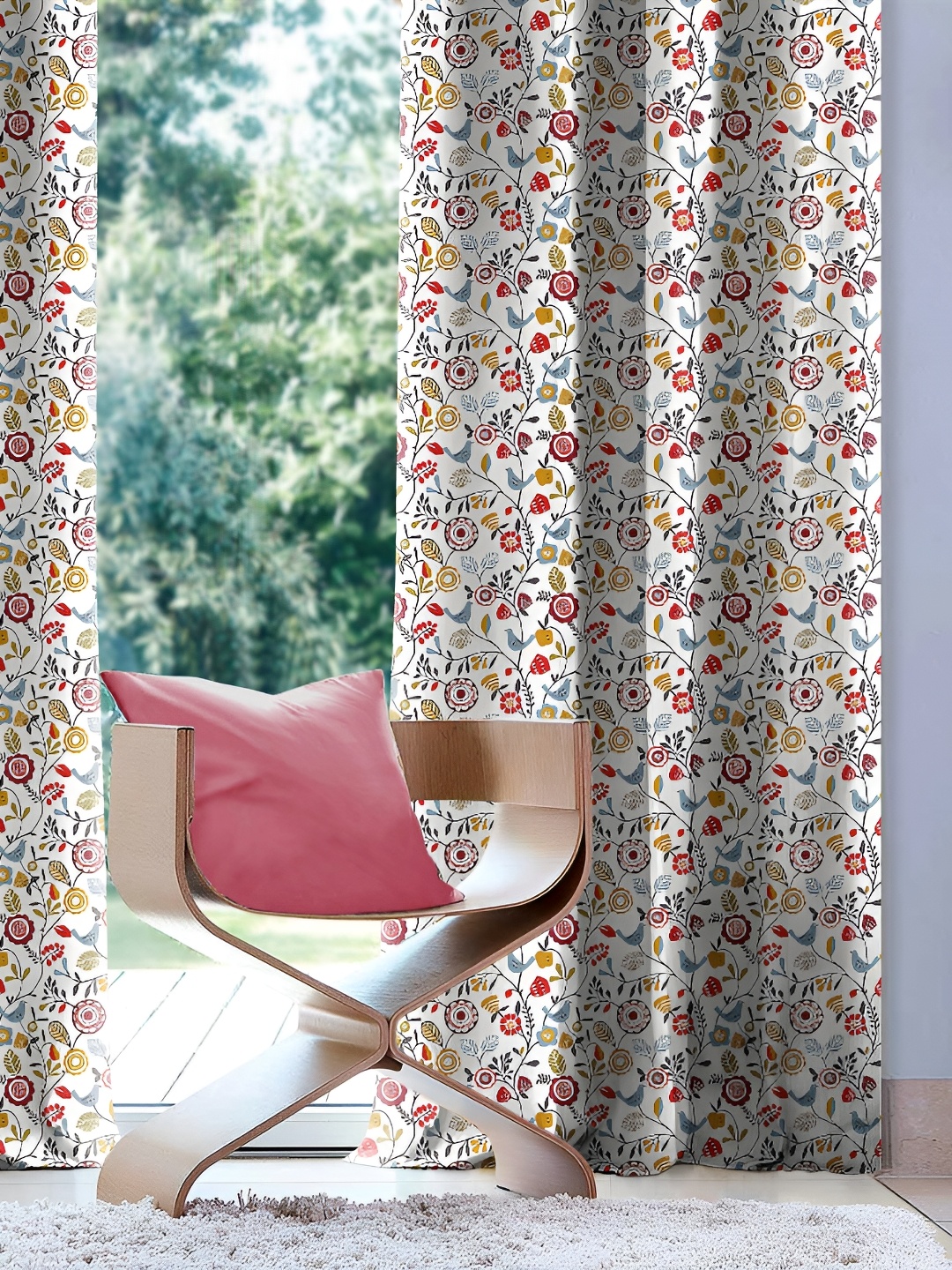 

CASABLEU Cream 2 Pieces Floral Black Out Eyelet Door Curtains, Blue