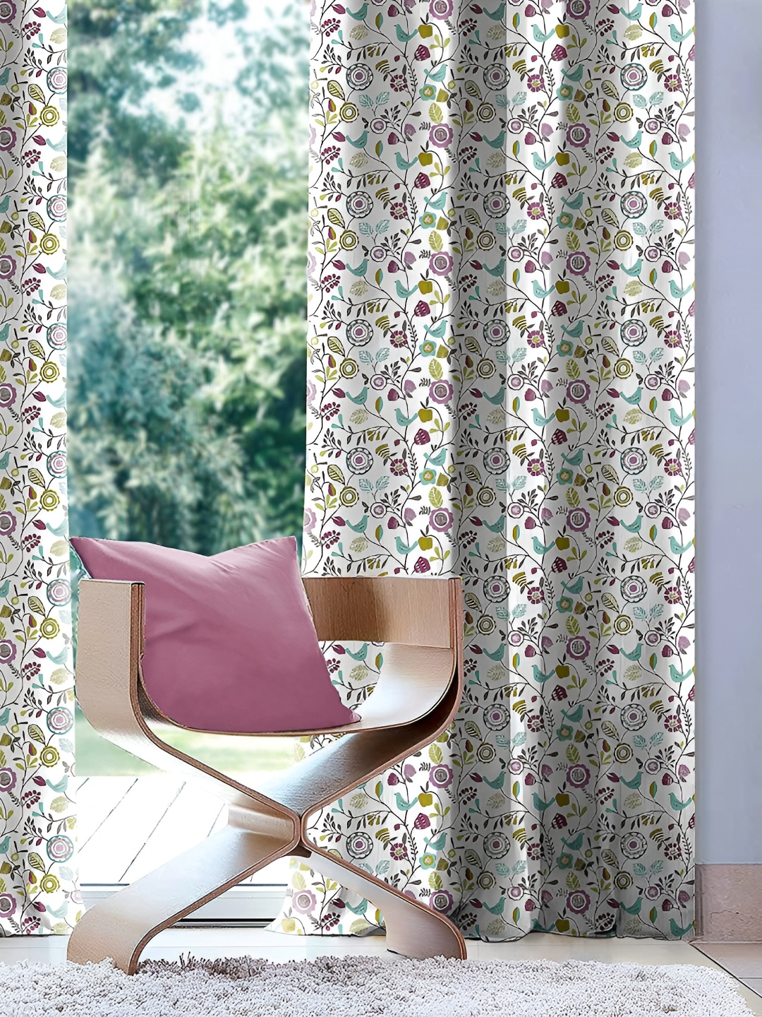 

CASABLEU Cream 2 Pieces Floral Black Out Eyelet Door Curtains