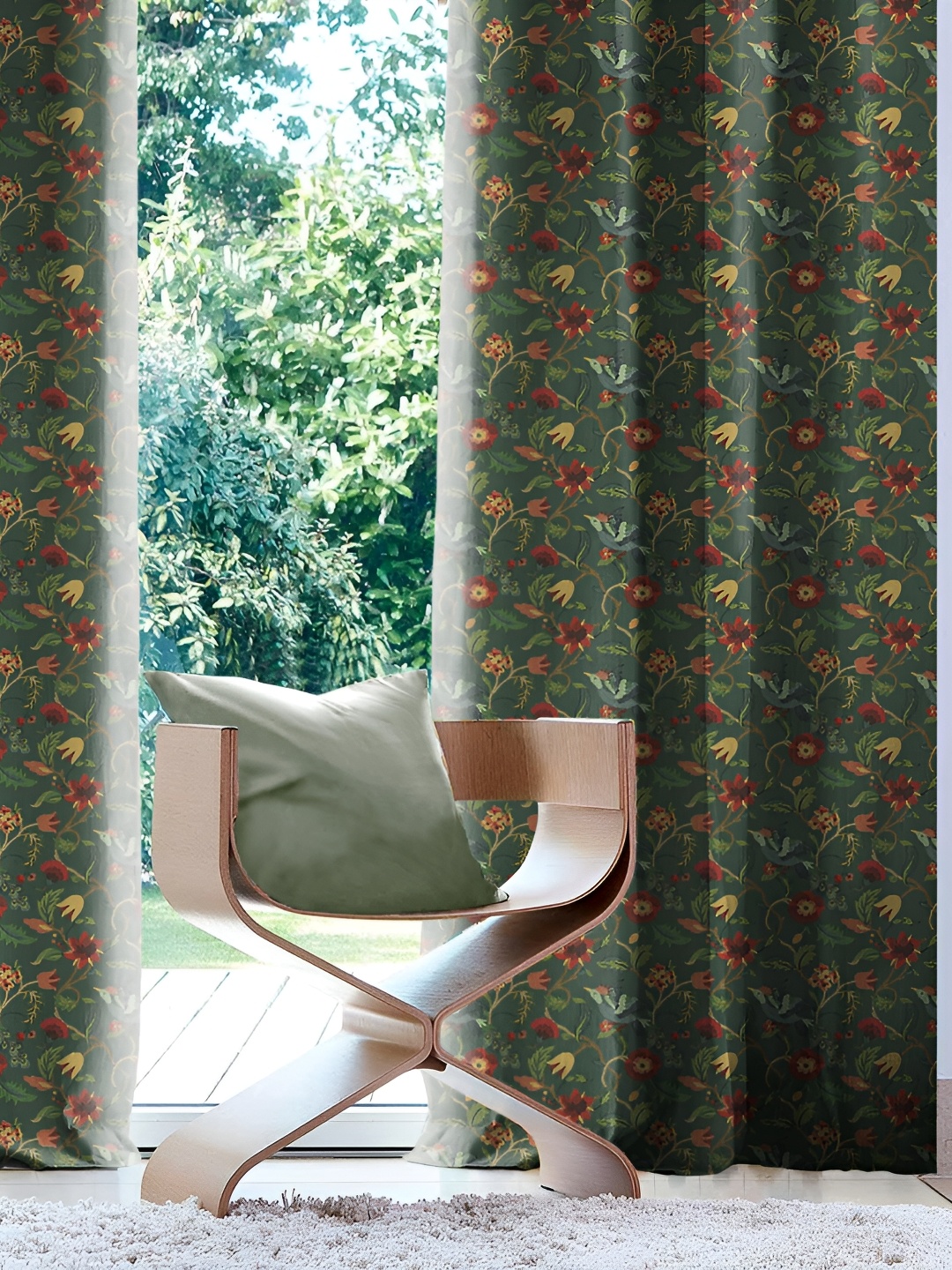 

CASABLEU Green 2 Pieces Floral Black Out Eyelet Door Curtains