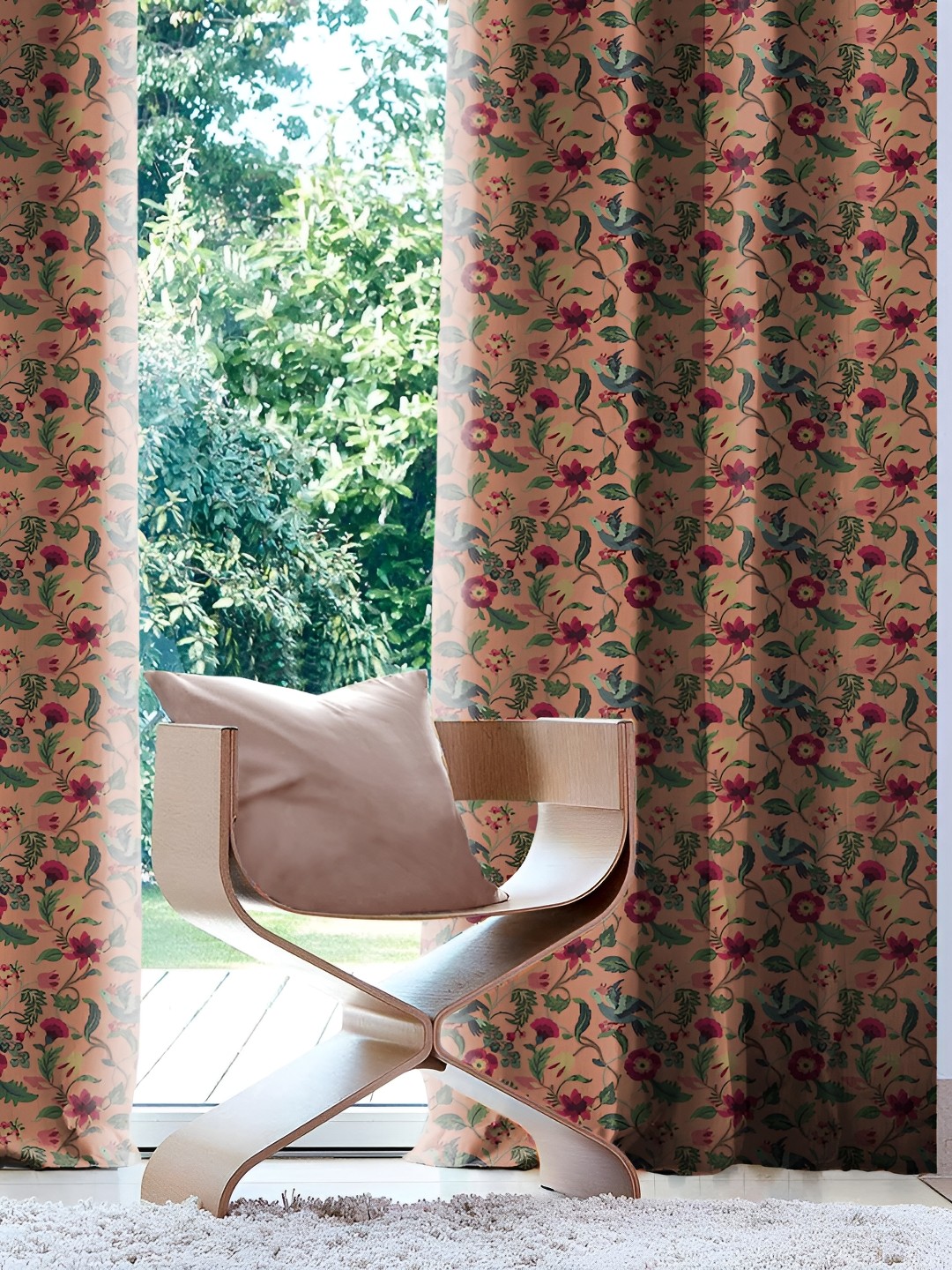

CASABLEU Peach 2 Pieces Floral Black Out Eyelet Door Curtains