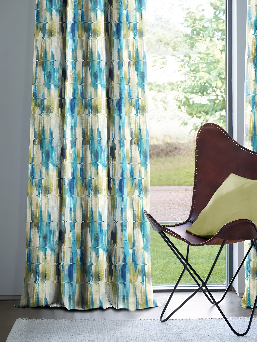 

CASABLEU Lime Green & Blue 2 Pieces Floral Black Out Long Door Curtains