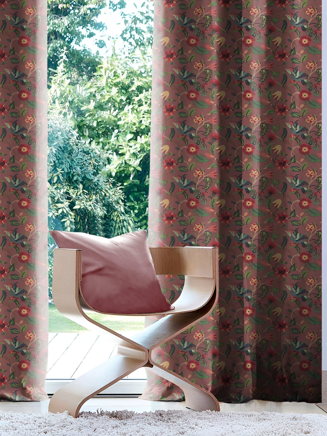 

CASABLEU Red 2 Pieces Floral Black Out Long Door Curtains