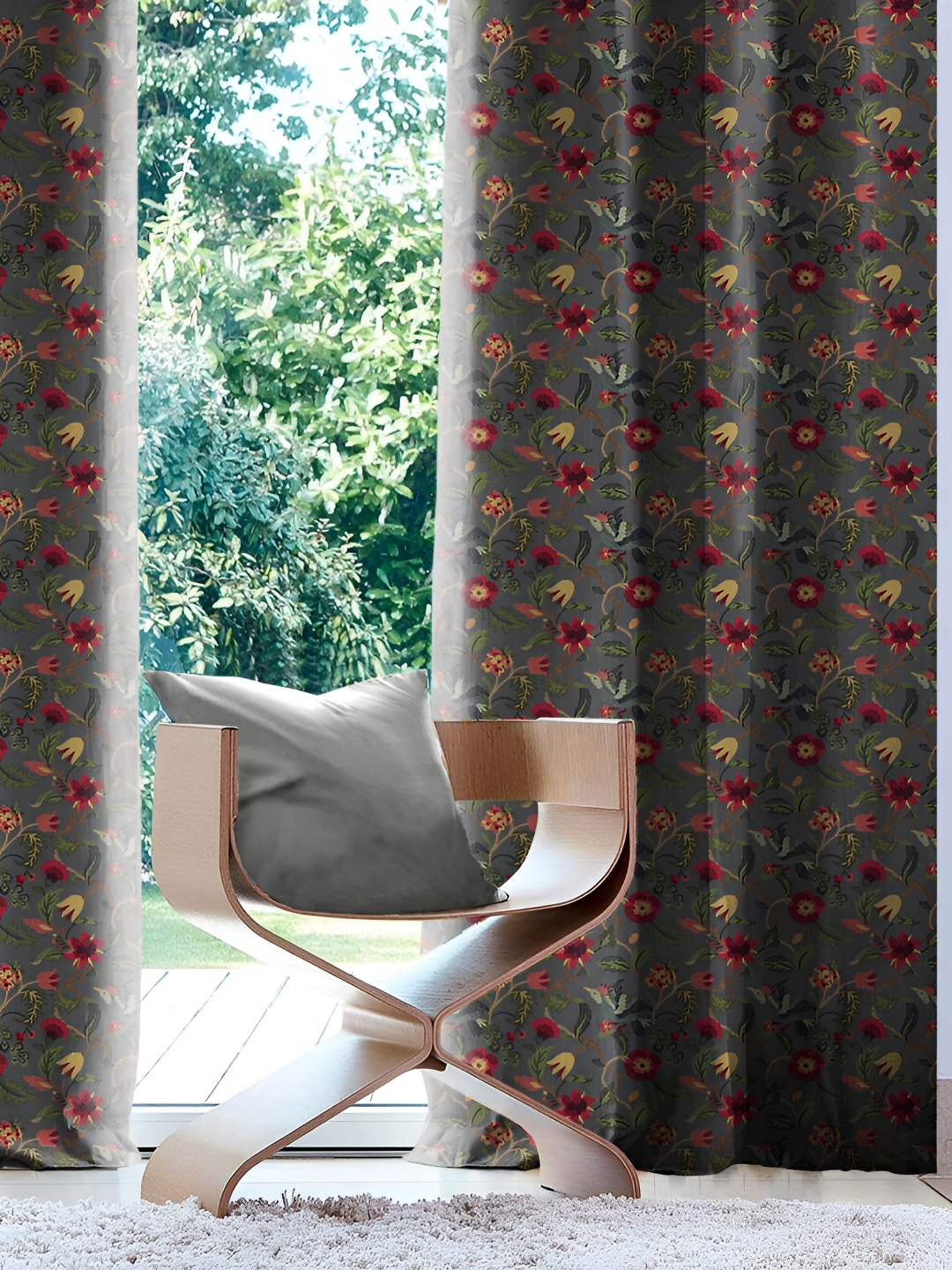 

CASABLEU Grey 2 Pieces Floral Black Out Eyelet Door Curtains