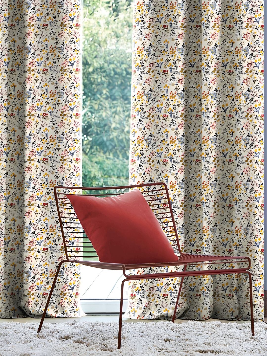 

CASABLEU Blue 2 Pieces Floral Black Out Eyelet Door Curtains