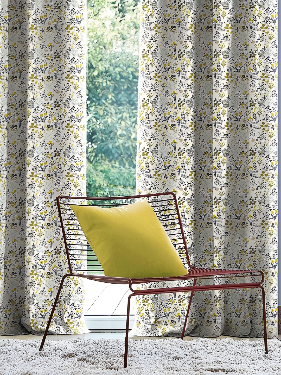 CASABLEU White & Lime Green 2 Pieces Floral Black Out Door Curtains