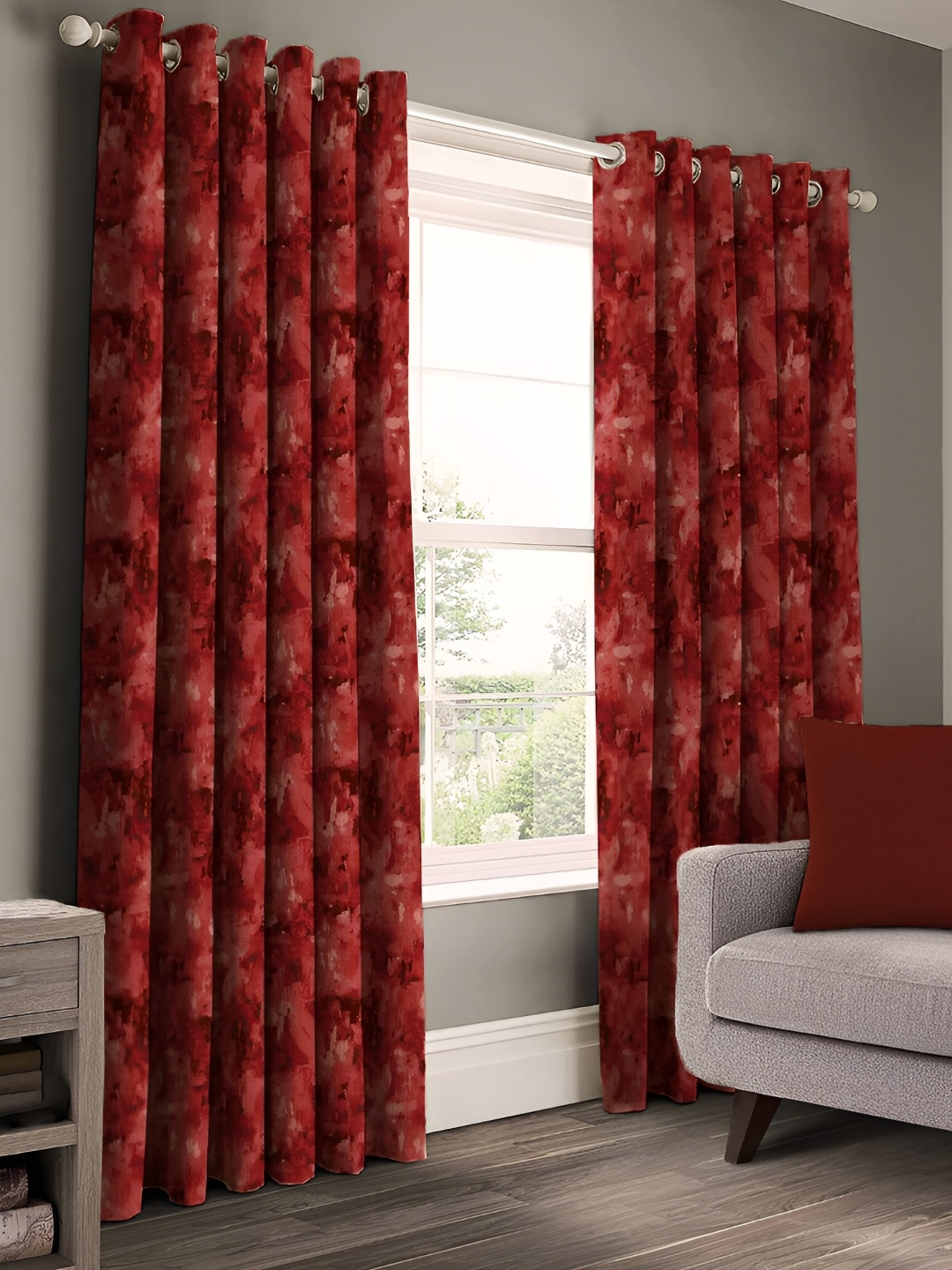 

CASABLEU Red 2 Pieces Floral Black Out Eyelet Door Curtains
