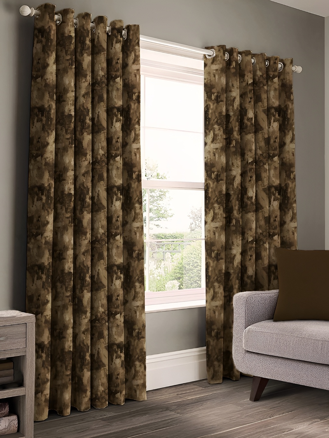 

CASABLEU Brown 2 Pieces Floral Black Out Eyelet Door Curtains
