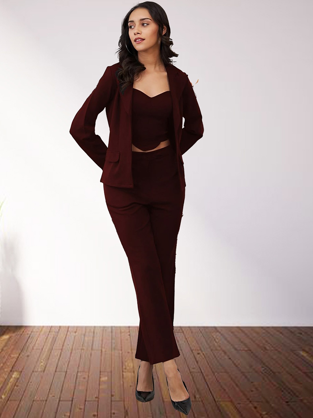 

N N ENTERPRISE Square Neck Crop Top Trousers With Jacket Co-Ords Set, Maroon