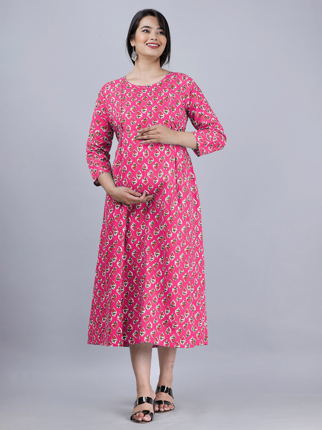 

AVYCO Ethnic Motifs Printed Maternity Nursing A-Line Midi Ethnic Dress, Pink