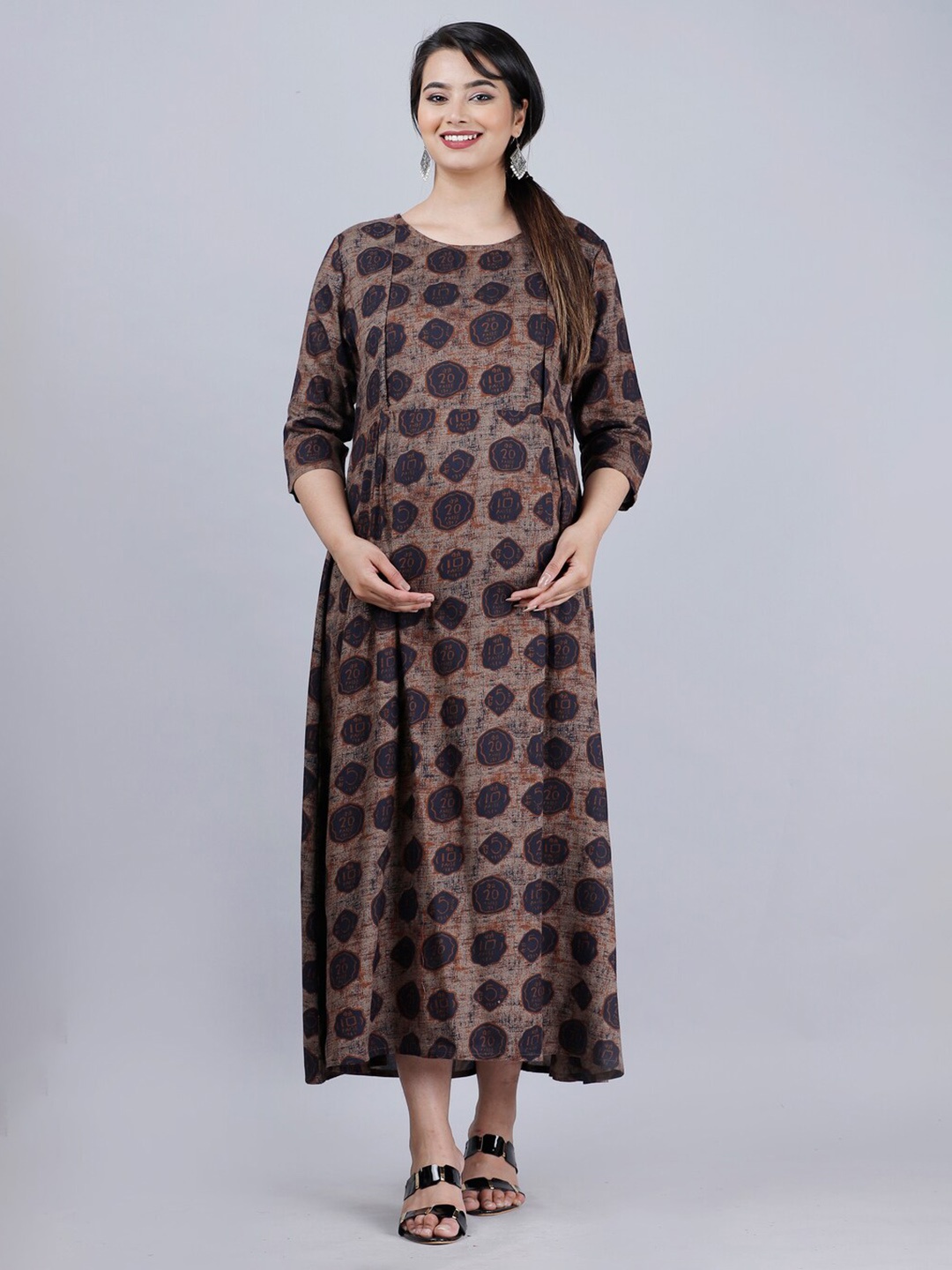 

AVYCO Coin Printed Maternity Nursing A-Line Midi Ethnic Dress, Brown