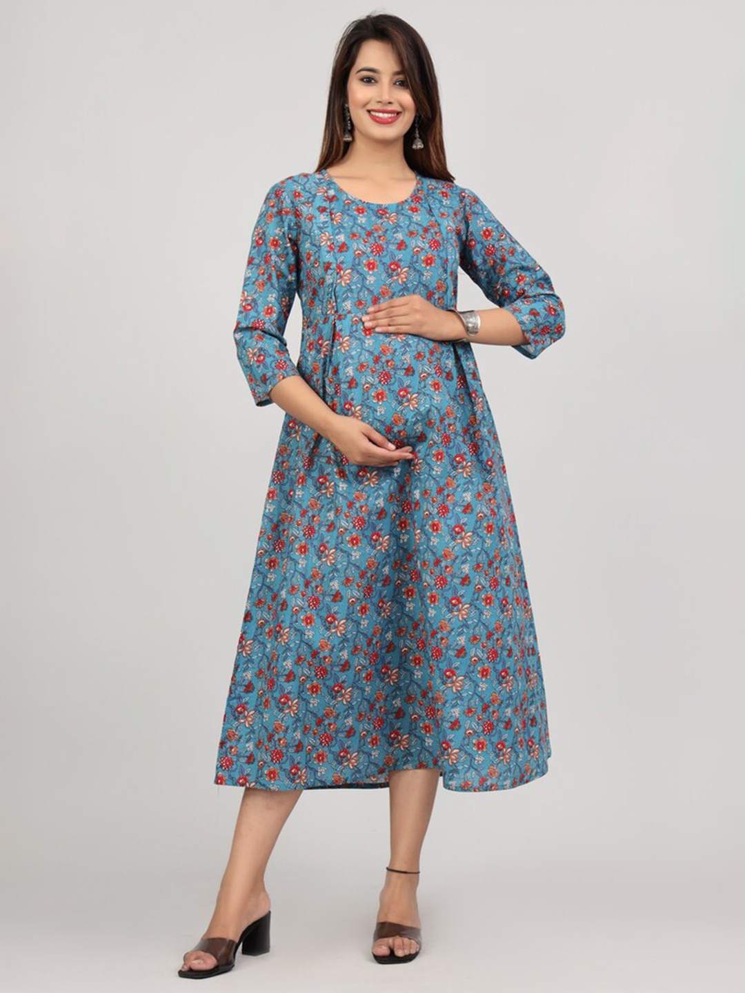 

AVYCO Floral Printed Cotton Maternity Nursing A-Line Midi Ethnic Dress, Blue