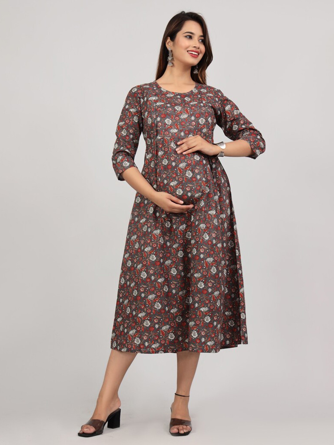 

AVYCO Floral Printed Cotton Maternity Nursing A-Line Midi Ethnic Dress, Grey