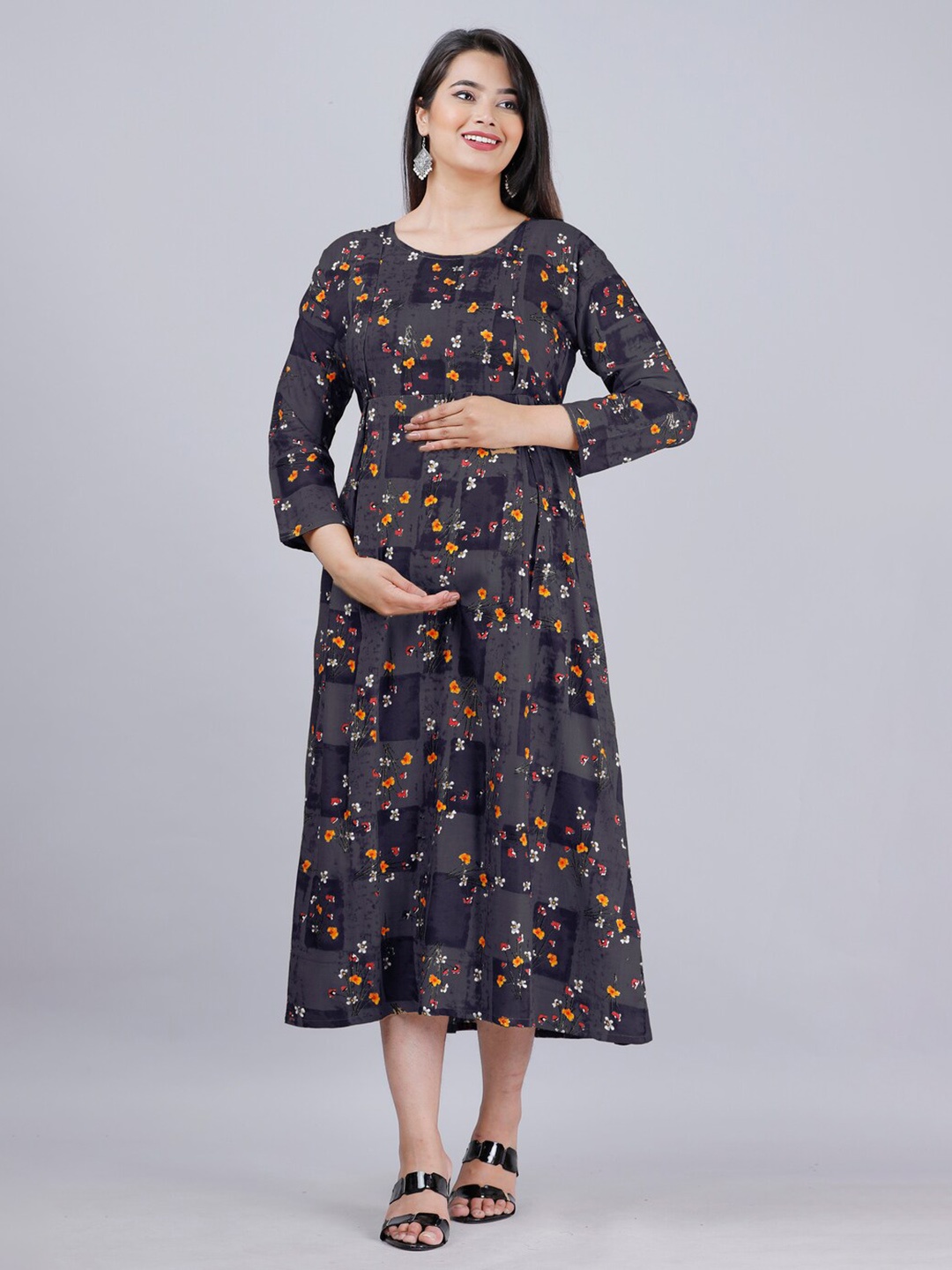 

AVYCO Floral Printed Maternity Nursing A-Line Midi Ethnic Dress, Grey