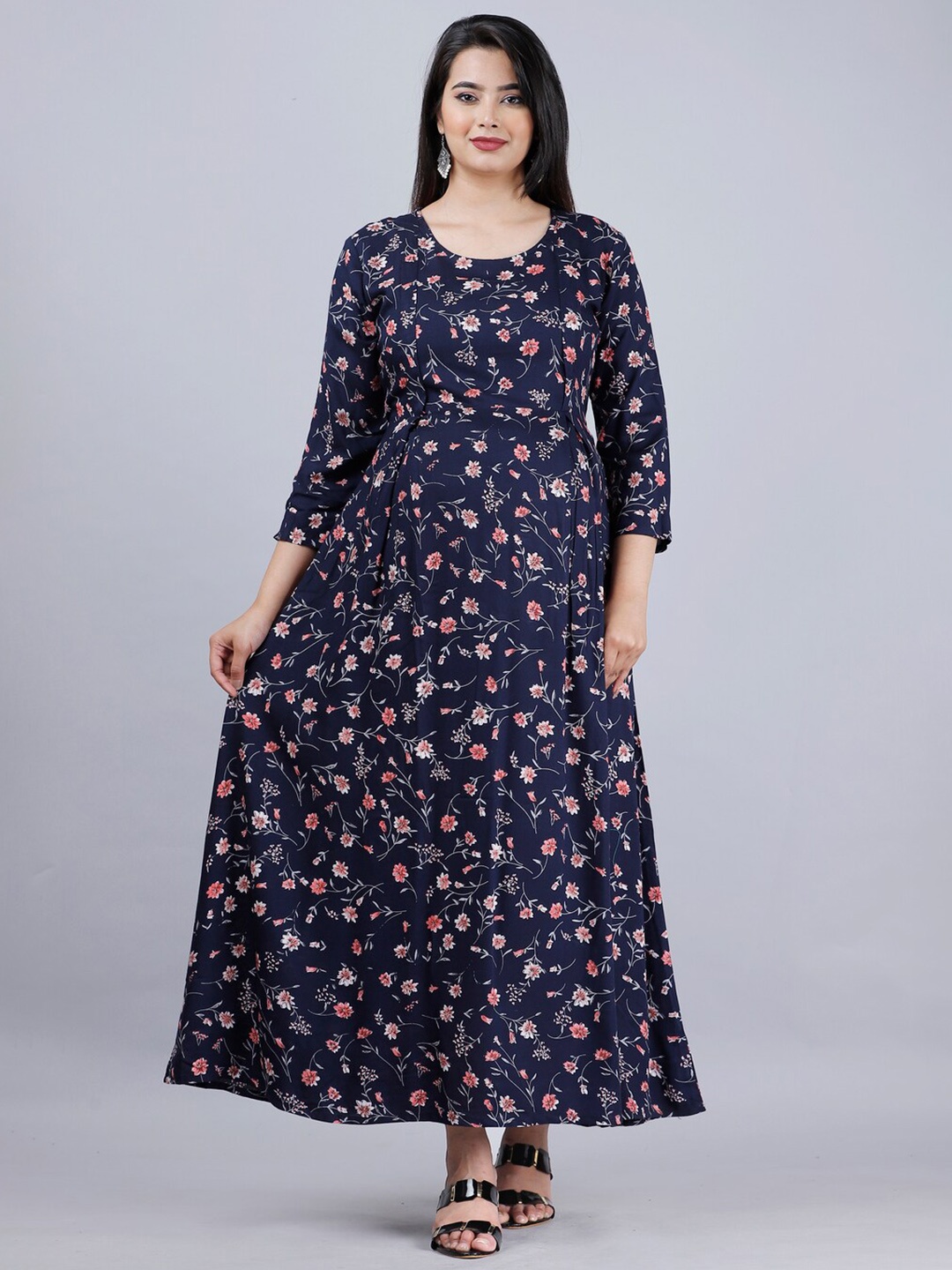 

AVYCO Floral Printed Maternity Nursing A-Line Midi Ethnic Dress, Navy blue