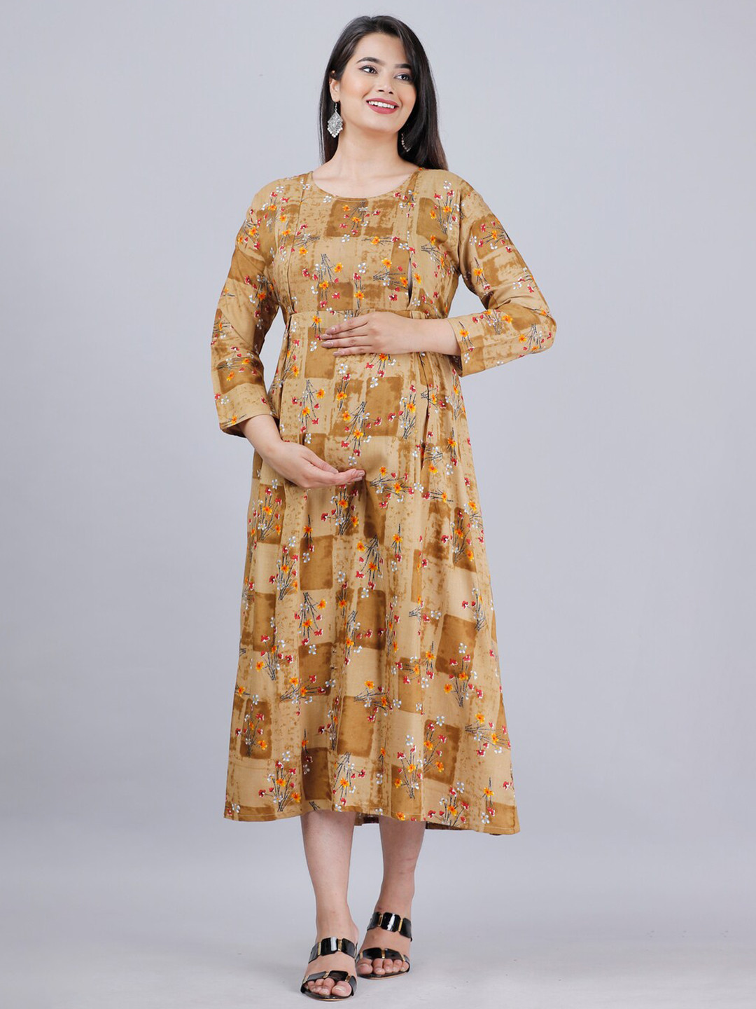 

AVYCO Floral Printed Maternity Nursing A-Line Midi Ethnic Dress, Brown