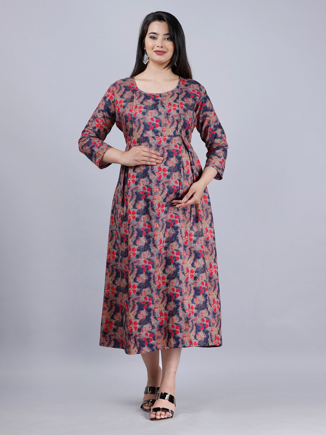 

AVYCO Floral Printed Maternity Nursing A-Line Midi Ethnic Dress, Navy blue