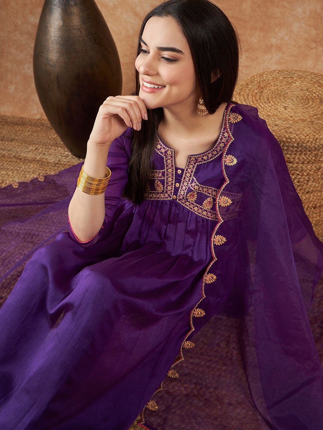 

Sangria Purple Ethnic Motifs Yoke Design Empire Thread Work Kurta With Trousers & Dupatta