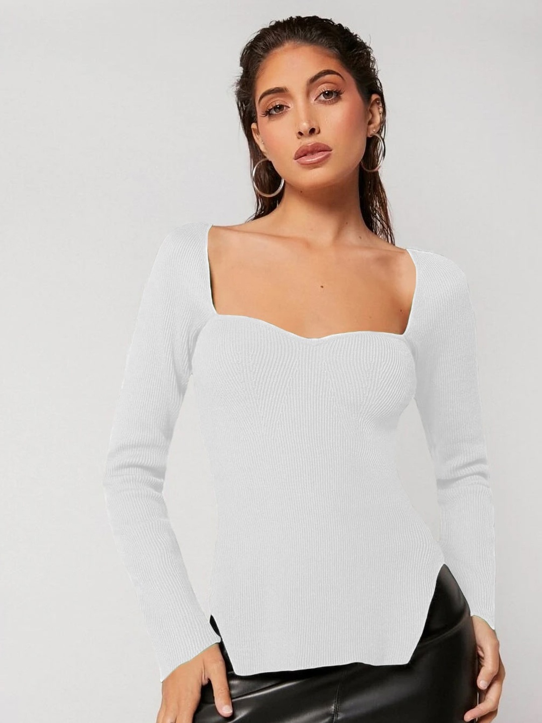 

Uptownie Lite White Self design Long Sleeves Ribbed Cotton Sweetheart Neck Top