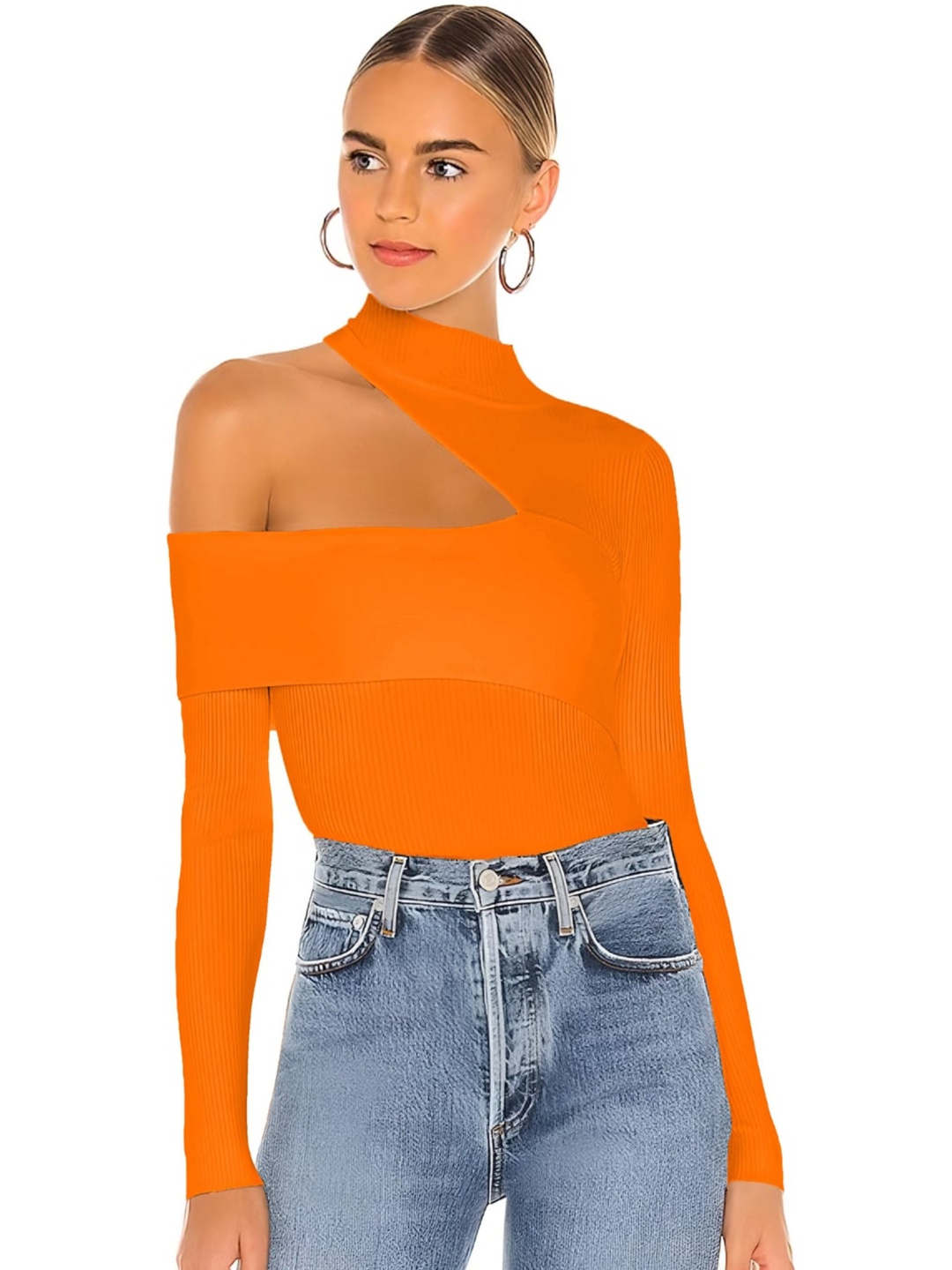 

Uptownie Lite Orange High Neck Cotton Ribbed Cut Out Fitted Top