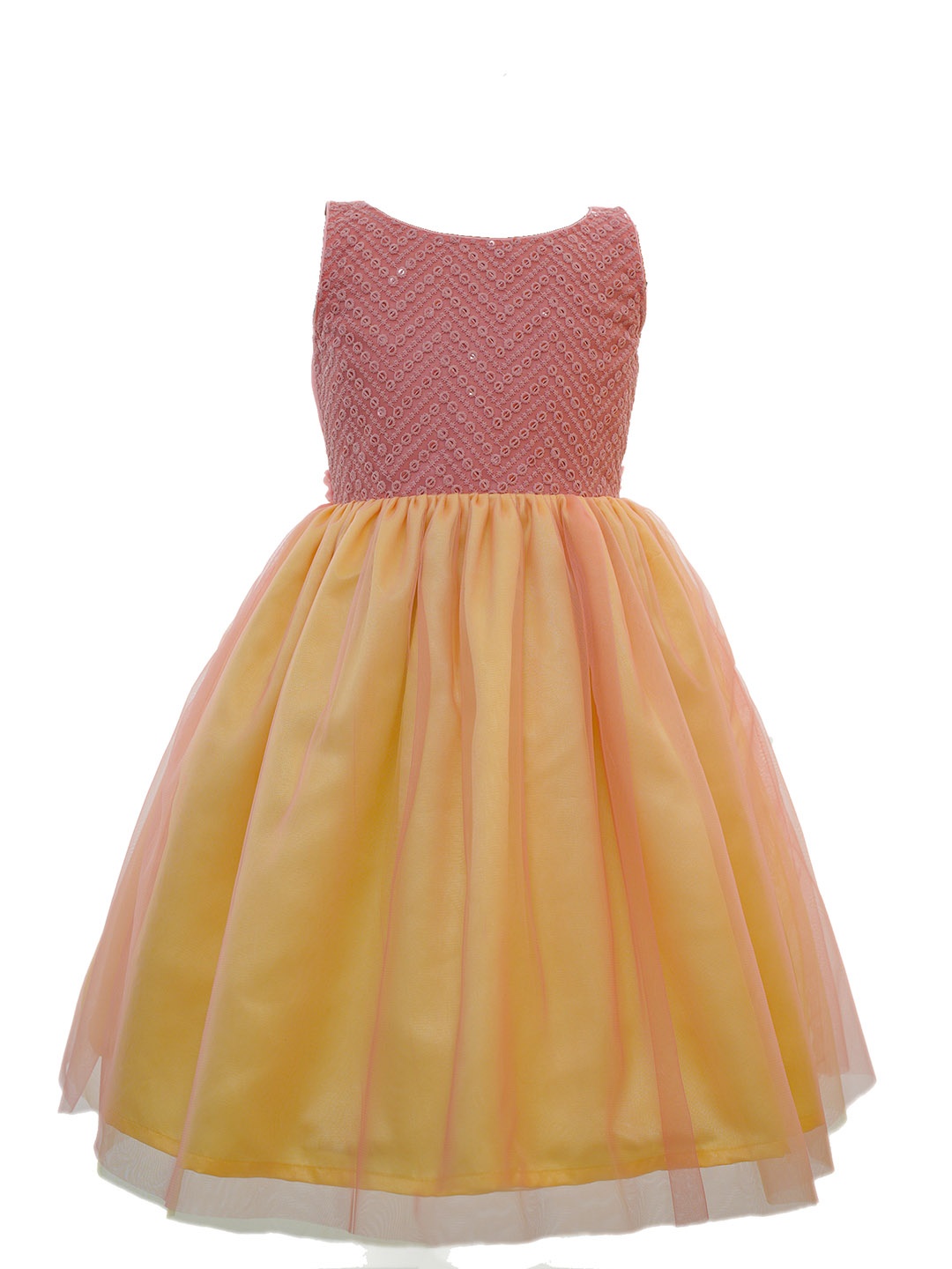 

BAESD Girls Geometric Embroidered Sequinned Gathered Net Fit & Flare Dress, Peach