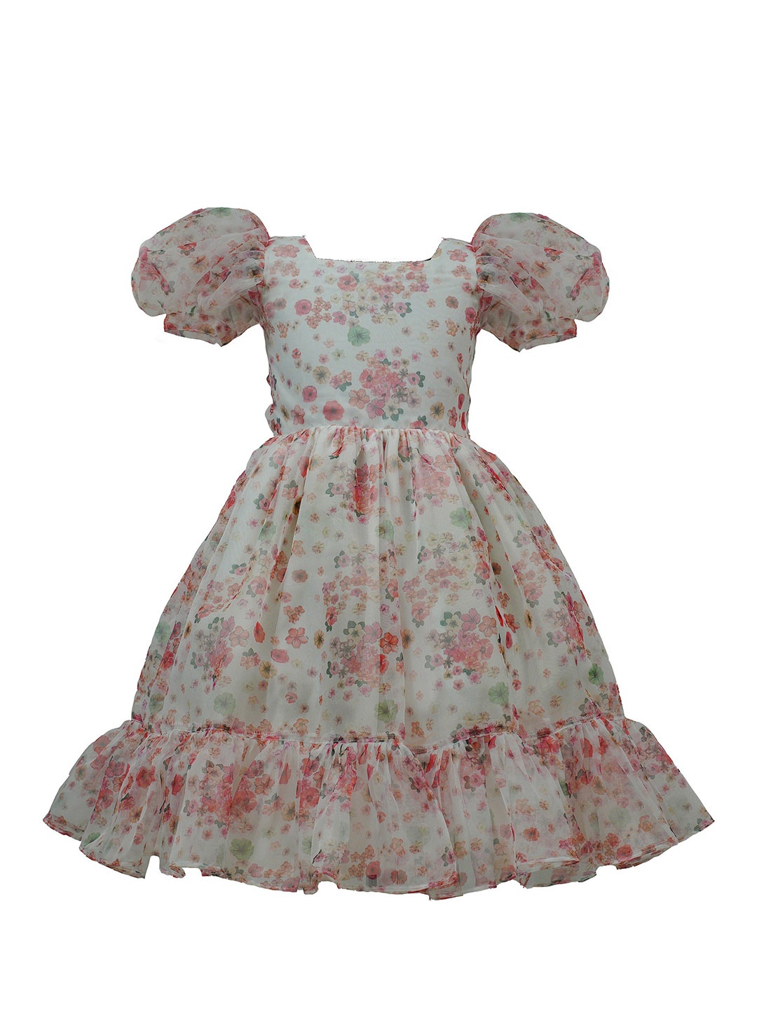 

BAESD Girls Floral Printed Puff Sleeves Gathered Organza Fit & Flare Dress, Off white