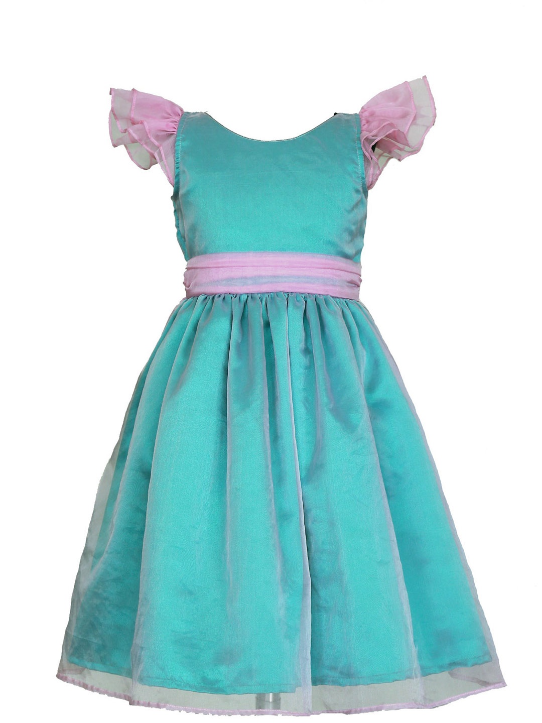 

BAESD Girls Colourblocked Flutter Sleeves Gathered Belted Organza Fit & Flare Dress, Green