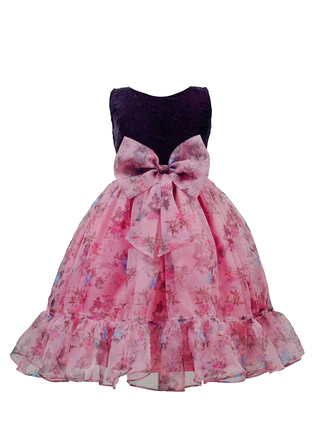 

BAESD Girls Floral Printed Bow Velvet Organza Fit & Flare Dress, Pink