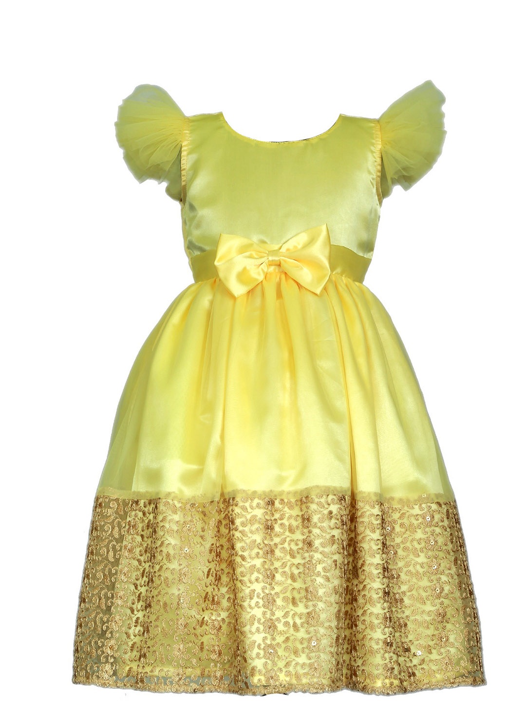 

BAESD Girls Floral Embroidered Flutter Sleeves Fit & Flare Dress With Bow Detail, Yellow