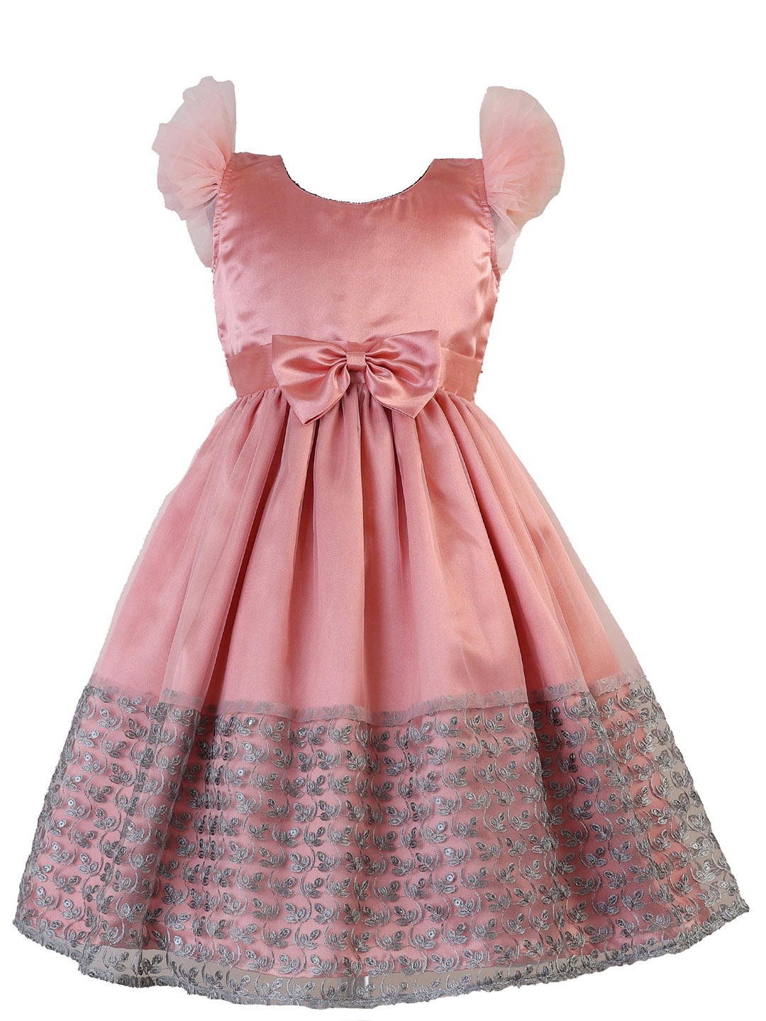 

BAESD Girls Floral Embroidered Flutter Sleeves Peach Bow Detail Fit & Flare Dress