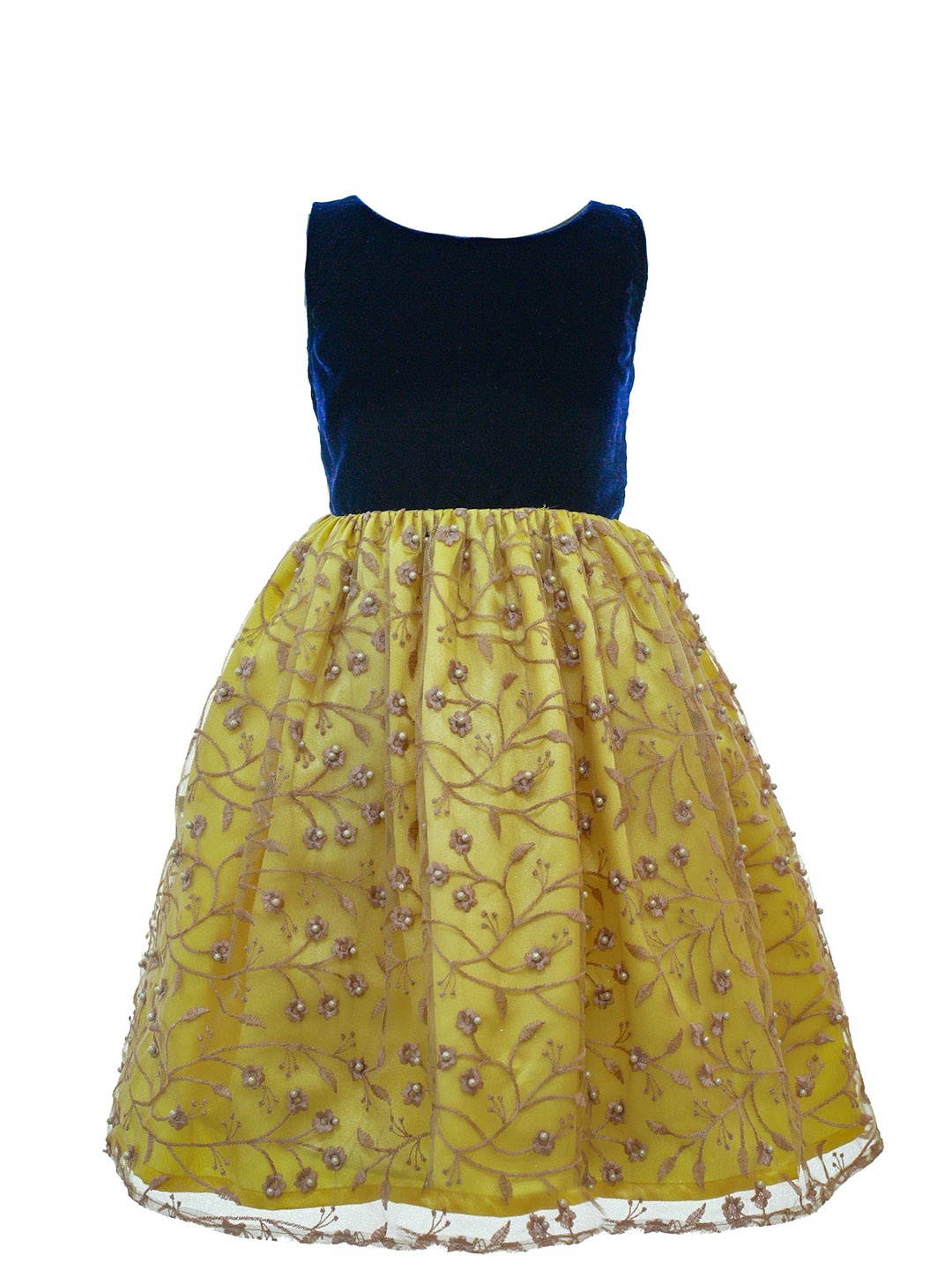 

BAESD Girls Embroidered Sleeveless Embellished Velvet Yellow Fit & Flare Party Dress