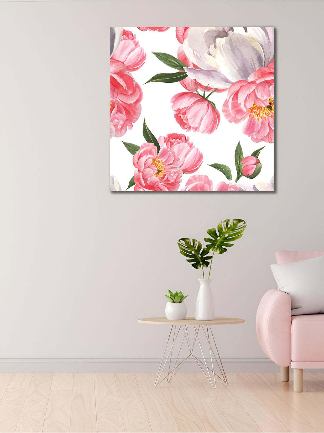 

CVANU Pink & White Floral And Botanical Square Canvas Wall Painting