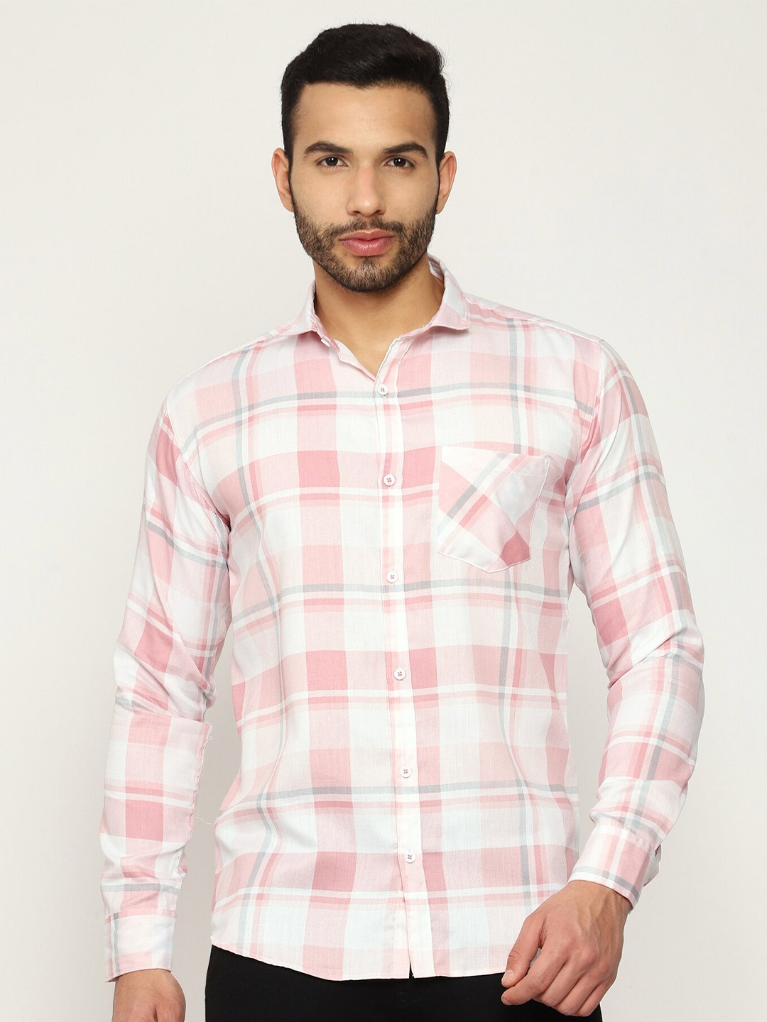 

MISCHIEF MONKEY Classic Tartan Checked Pure Cotton Casual Shirt, Pink