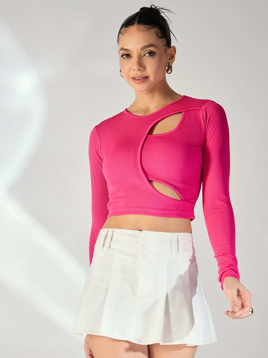 

Uptownie Lite Stretchable Ribbed Top with Front Cut Outs, Pink