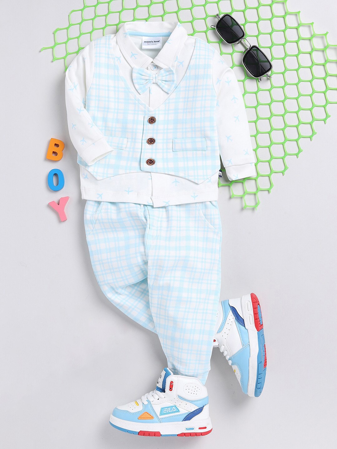 

Moms Love Infant Boys Checked Pure Cotton Shirt & Trousers with Bow, Blue