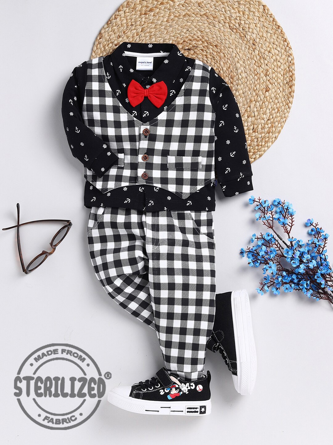 

Moms Love Infant Boys Checked Pure Cotton Shirt with Trousers & Waistcoat, Black