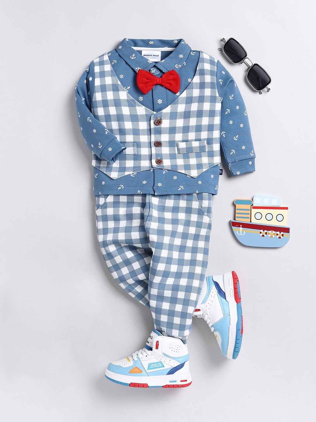 

Moms Love Infant Boys Checked Cotton Single Breasted Three Pieces Suit, Blue