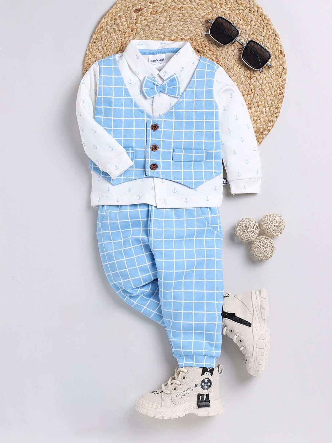 

Moms Love Boys Printed Cotton Shirt with Trousers & Waistcoat Set, Blue