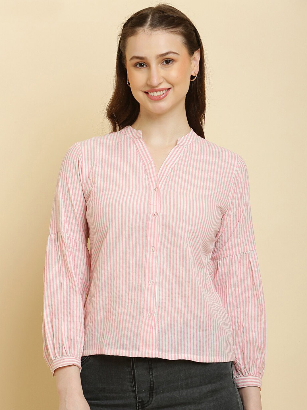 

HERE&NOW Pink Vertical Stripes Mandarin Collar Cuffed Sleeves Cotton Shirt Style Top
