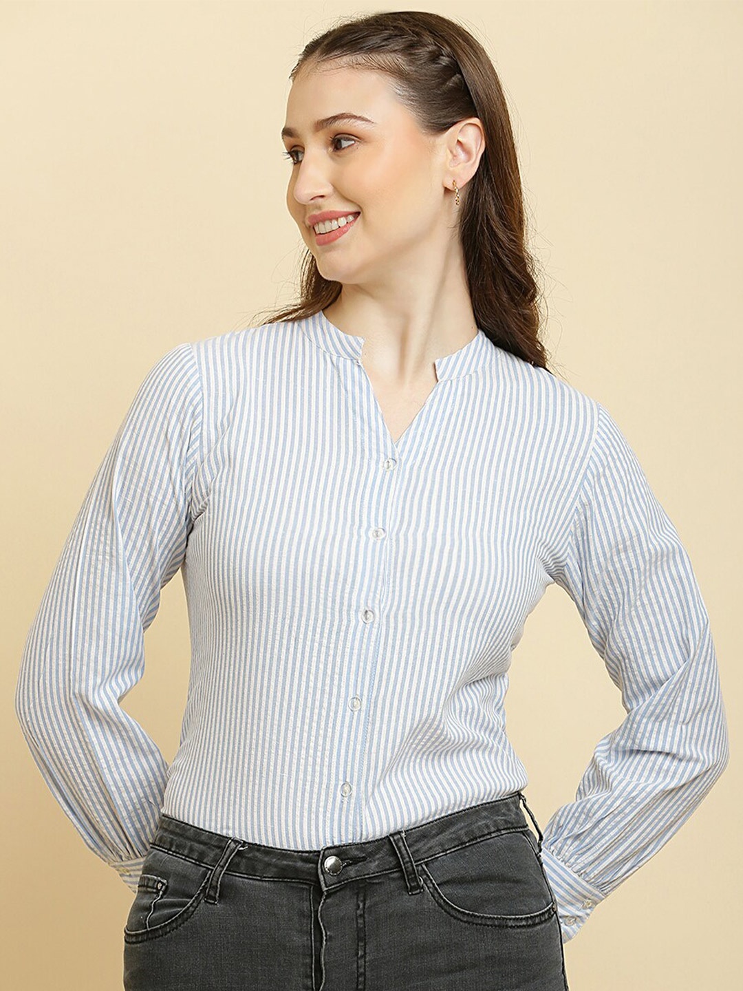 

HERE&NOW Blue Vertical Stripes Mandarin Collar Cuffed Sleeves Cotton Shirt Style Top