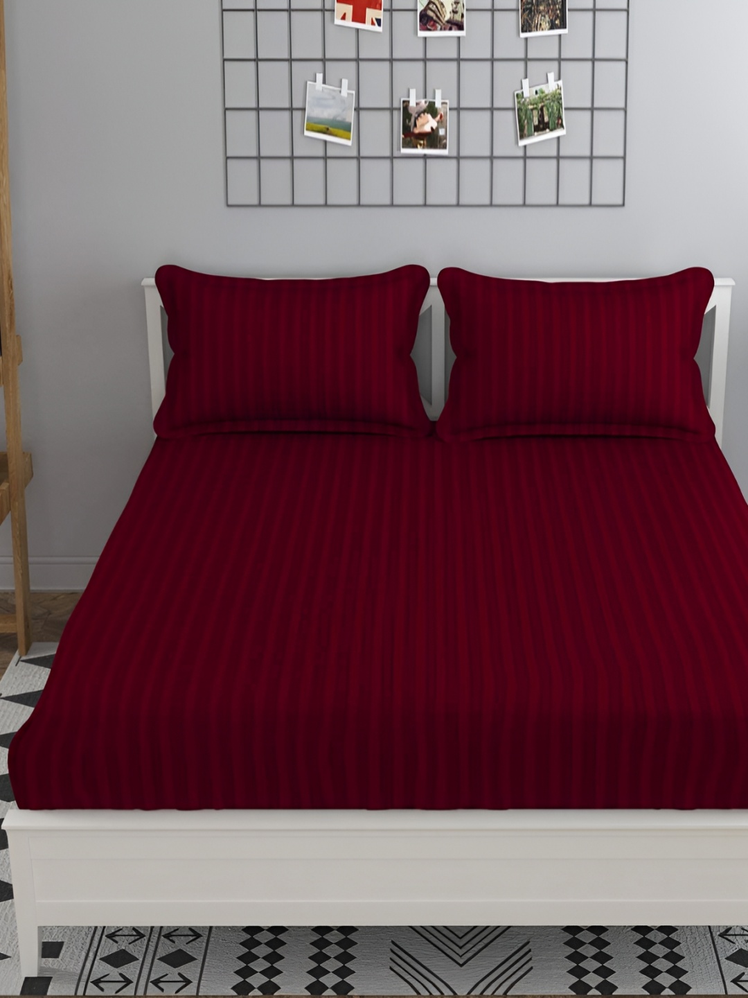 

HOMECRUST Maroon Striped 180 TC Queen Fitted Bedsheet With 2 Pillow Covers