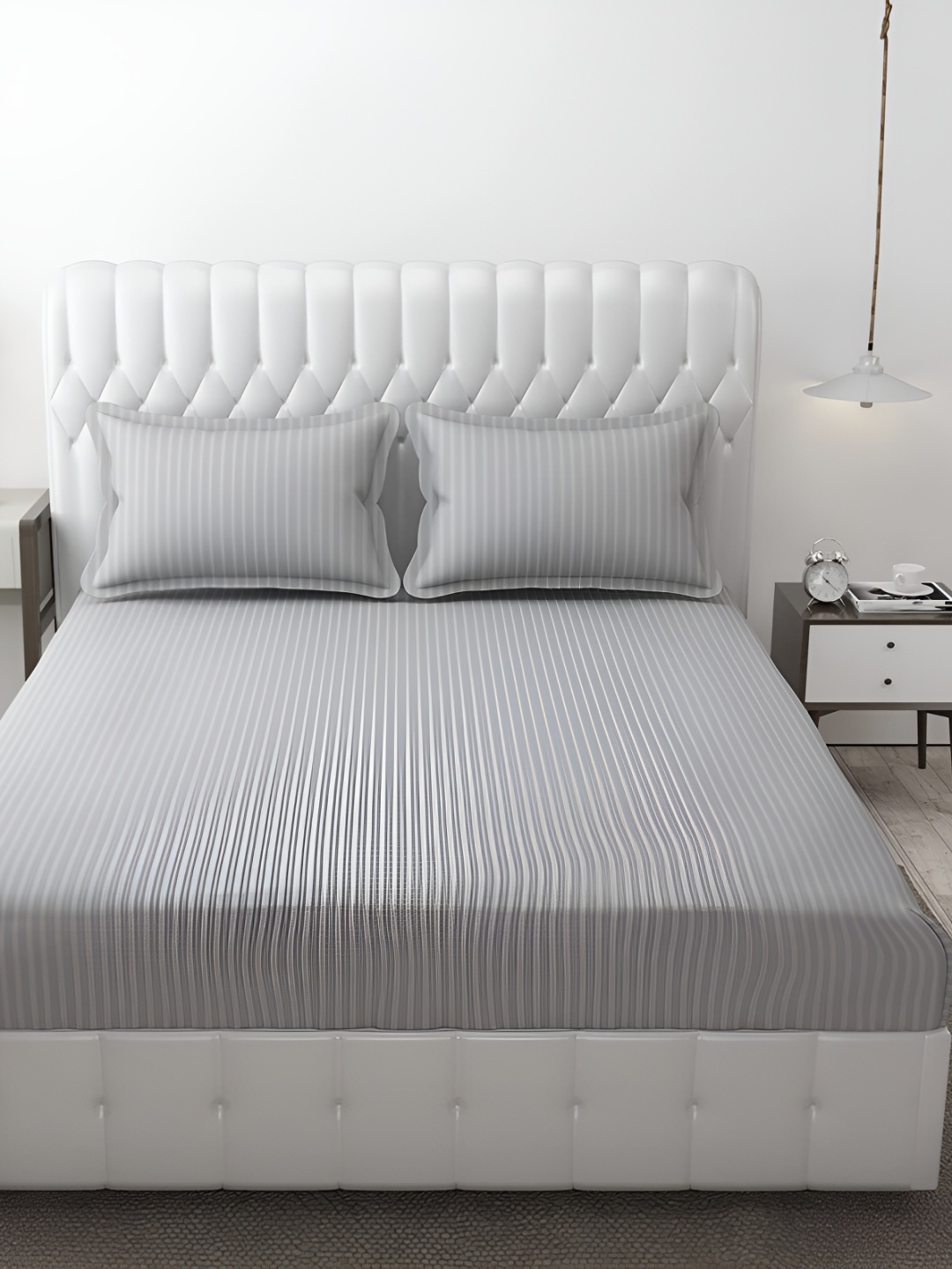 

HOMECRUST Grey Melange Striped 180 TC Queen Fitted Bedsheet With 2 Pillow Covers